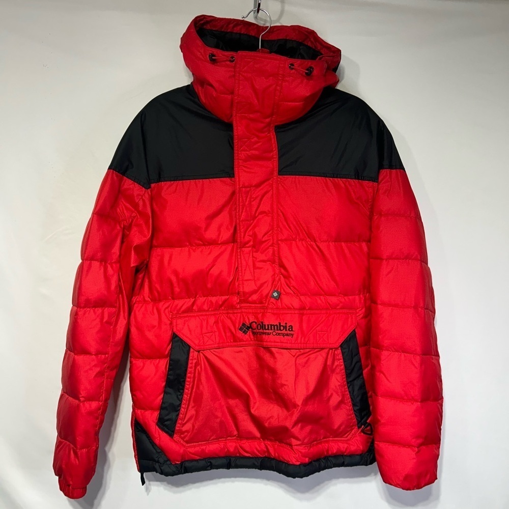 COLUMBIA mens pullover 1/4 zip puffer winter coat. Size Medium. Red/black. Hood.
